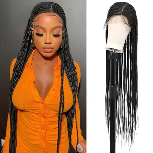 Viyskur 36''Parrucche intrecciate per le donne Parrucca intrecciata con parrucca anteriore in pizzo pieno con capelli del bambino Parrucche sintetiche naturali per capelli intrecciati con parte laterale