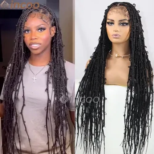 Perucas trançadas sintéticas cheias de renda sem nós caixa tranças perucas 36 Polegada borboleta brading cabelo peruca dianteira do laço com cabelo do bebê para mulher