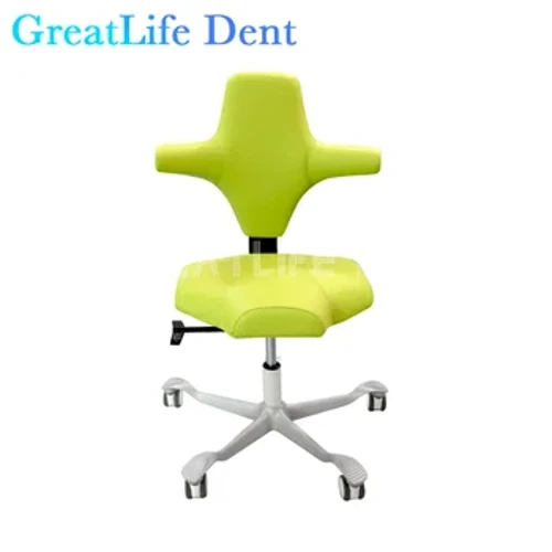 Stôl Ddeintyddol GreatLife Ergonomig Melyn Pu Sedd Ledr Meddyg codi Swivel Addasadwy Cefn Olwyn Mud Cadair Deintydd