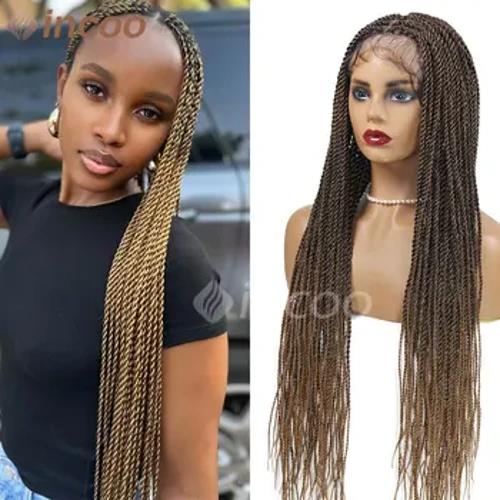 Sintético 36 Polegada ombre senegalês torção trançada peruca cheia do laço falso locs peruca de cabelo preto trança dianteira do laço com cabelo do bebê
