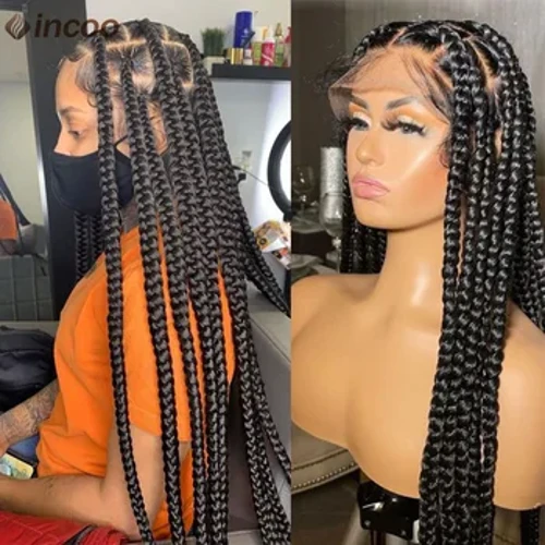 Grouss Box Gefleckt Perücken Synthetesch Glueless Voll Spëtzele Front Flecht Perücke Fir Schwaarz Fraen 36 Zoll Jumbo Braids Cornrows Perücken Onsale