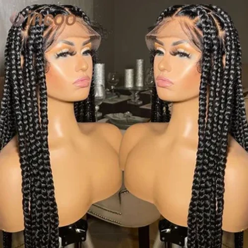 36" Penuh Renda Dikepang Wig Sintetis Panjang Hitam Dikepang Wig dengan Rambut Bayi 360 Renda Depan Kotak Kepang Wig Hitam Campuran Burgundy Wig