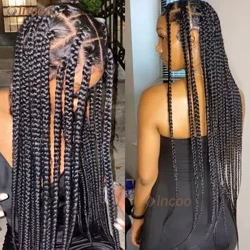 36 Inch Penuh Renda Dikepang Wig Wanita Persegi Besar Hitam Dikepang Wig dengan Rambut Bayi Jumbo Simpul Wig Kepang Afrika Sintetis