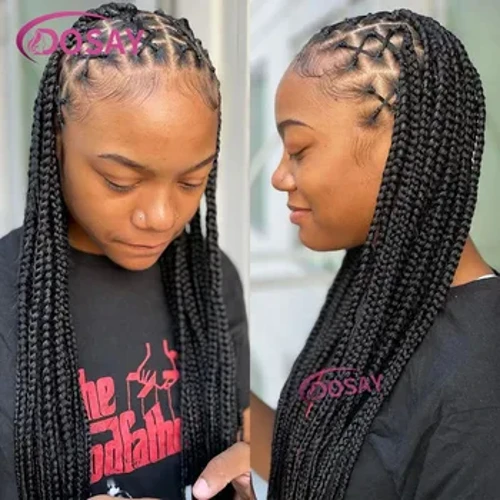 36" Piha Lace Front Wig Criss Cross Knotless Braided Wig No nā Wahine ʻEleʻele 360 ​​Braid Lace Front Wig Burgundy Synthetic Braids Wig