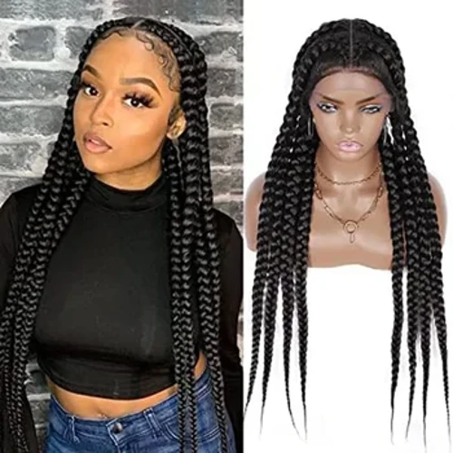 34" lange 8 Fischgrätenzöpfe Schwarze Lace Front Cos Perücken für Frauen Weihnachtsgeschenk