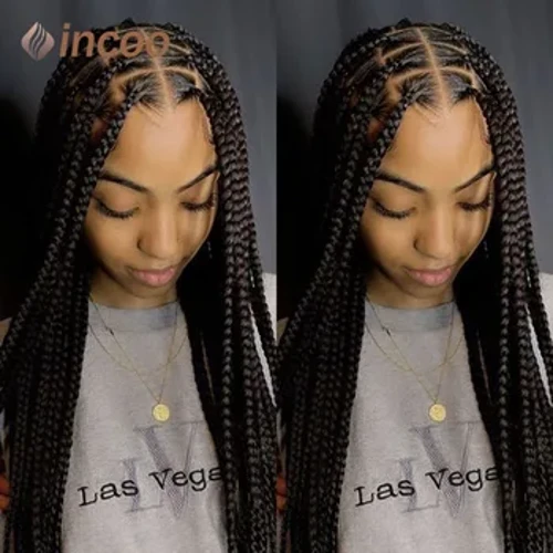 Incoo Penuh Renda Dikepang Wig 36Inch Panjang Dikepang Wig untuk Wanita Hitam Persegi Besar Knotless Kotak Kepang Wig Rambut Sintetis Hitam