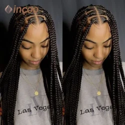 Incoo Penuh Renda Dikepang Wig 36Inch Panjang Dikepang Wig untuk Wanita Hitam Persegi Besar Knotless Kotak Kepang Wig Rambut Sintetis Hitam