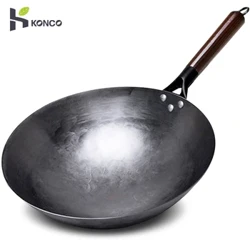 Konco Ev Demir Wok, El Dövme Demir Tava Ahşap Saplı Saf Demir Hiçbir Kaplama yapışmaz Wok Pot Gazlı Ocak