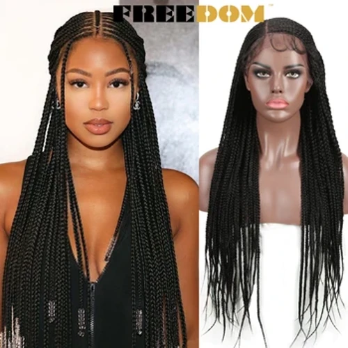 Peluca trenzada frontal de encaje sintético FREEDOM para mujeres negras, peluca de encaje 13x7, trenzas de ganchillo con cola de caballo marrón ombré, peluca de Cosplay del pelo