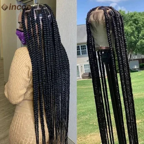Hosszú csomó nélküli doboz fonott teljes csipke paróka baba hajjal Cornrow fonat csipke elülső paróka fekete női szintetikus Jumbo zsinór 36"