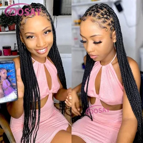 I-Criss Cross Braided Wigs Yabesifazane Abamnyama 360 I-Lace Egcwele I-Wig Yangaphambili I-Knotless Synthetic Braids I-Lace Wig Glueless Ombre Umbala 36Inch
