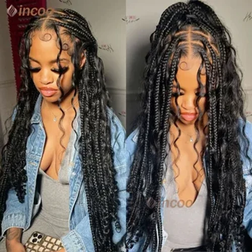 32 tommer syntetisk fletning blonder frontal parykker Boheme gudinde flettet paryk til sorte kvinder Passion twists flettede parykker forplukket