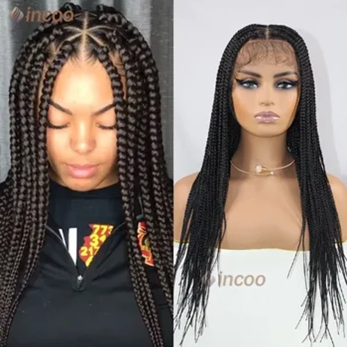 Voll Spëtzegeflecht Perücke 360 ​​Spëtzefront Box Braids Perücke Mat Baby Hoer Dräieck Knotless Synthetesch Gefleckt Perücke Fir Schwaarz Fraen 24"