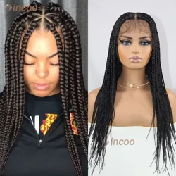 Penuh Renda Dikepang Wig 360 Renda Depan Kotak Kepang Wig dengan Rambut Bayi Segitiga Tanpa Sintetis Wig Kepang Sintetis untuk Wanita Hitam 24"