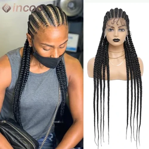 36 Zoll große Full Lace Box Braid-Perücke, gefärbt in Schwarz, Ombre, Honigblond, Cornrow-Box-Spitzenfront-Perücke, geflochtene Perücke, synthetische Perücken für Frauen