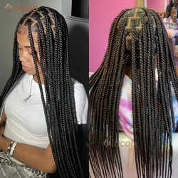 36" Synthetesch Voll Spëtze Flecht Perücke Grouss Quadrat Schwaarz Flecht Perücke Mat Baby Hoer Faux Locs Gëttin Box Braids Perück Ombre Hoer