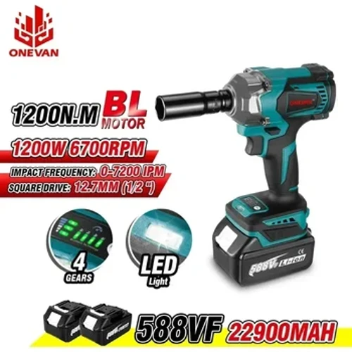 ONEVAN 1200N.M Mô-men Xoắn Điện Không Chổi Than Tác Động Cờ Lê 1/2 Inch Tua Vít Ổ Cắm Đèn LED Dụng Cụ Điện Cho Makita Pin 18V