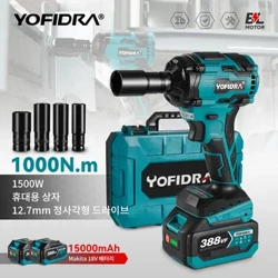1000N.M Torque Brushless Trydan Effaith Wrench 1/2 modfedd Lithiwm-Ion Batri Diwifr Wrench Offer Pŵer Ar gyfer Makita 18V Batri