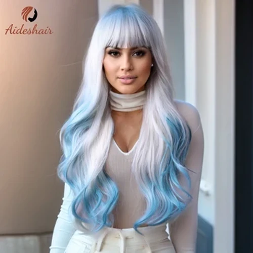 Aideshair – perruque longue ondulée à frange droite multicolore, à reflets, fibre synthétique naturelle résistante à la chaleur, pour perruques de fête Cosplay
