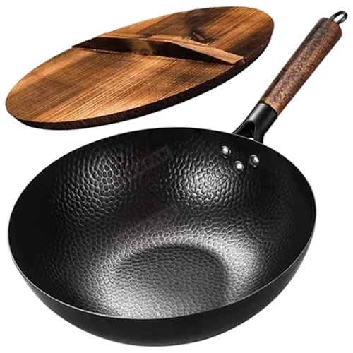 Padell Wok Dur Carbon 32cm Sosbenni Tro-ffrio gyda Chaead Pren heb ei orchuddio â Phasell Tsieineaidd Gwaelod Fflat ar gyfer Anwytho Nwy Trydan Pob Stof