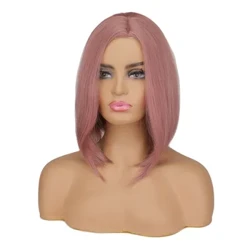 Bob Kısa Düz Sentetik Peruk Pembe Saç Peruk Kadınlar için Günlük Cosplay Parti Peruk Isıya Dayanıklı