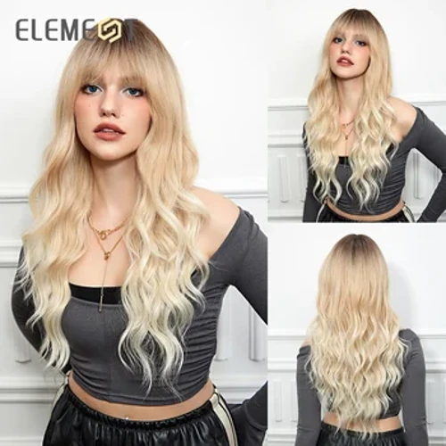 ELEMENT Synthetic Wig Ombre Blonde a i keʻokeʻo ʻO ka lauoho lauoho lauoho lōʻihi me nā bangs Lolita Cosplay Party i kēlā me kēia lā no nā wahine.