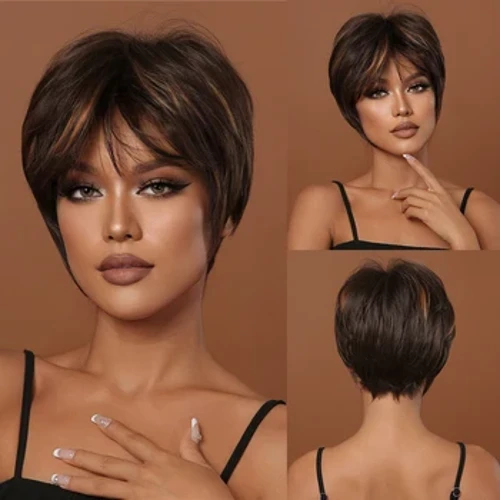 Hnedé melírové parochne Krátke pixie strihané parochne zo syntetických vlasov Hnedé nadýchané prirodzene vyzerajúce falošné vlasy pre čierne ženy Každodenné použitie na párty