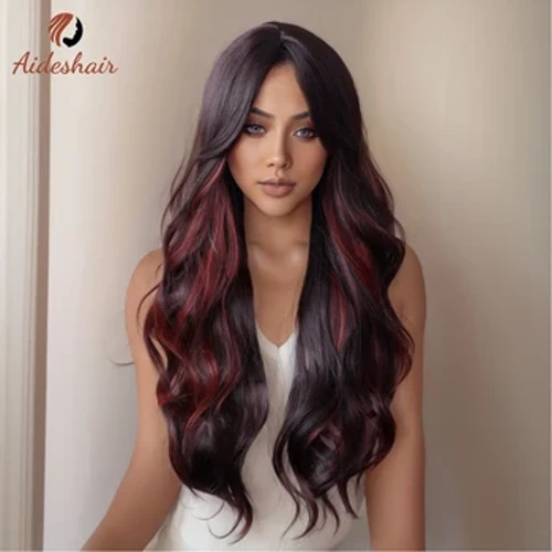 Pinaghalong pula at itim na diagonal bangs long wave wig para sa mga pambabaeng wig synthetic heat-resistant fiber para sa pang-araw-araw na paggamit ng party