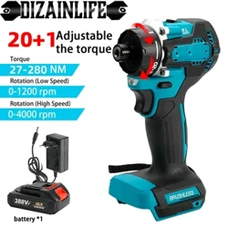 Chave de fenda elétrica sem fio, 20 + 1 torque 280n. m, chave de impacto elétrica de 1/4 ", chave de impacto com bateria recarregável