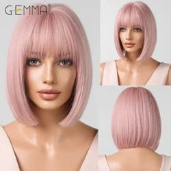 GEMMA Sentetik Pembe Cosplay Peruk Kısa Bob Pembe kahküllü peruk Kadınlar için Doğal Düz Lolita Parti Saç Peruk Isıya Dayanıklı