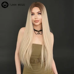 7JHH WIGS Synthetic Blonde Wig me nā aʻa ʻeleʻele no nā wahine i kēlā me kēia lā ʻahaʻaina kiʻekiʻe kiʻekiʻe o ka ʻāpana waena o ka lauoho lauoho wig 32 iniha