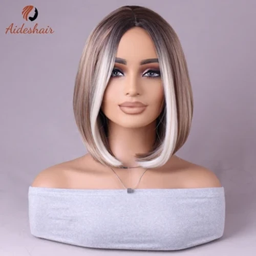 Aideshair Light Gold Phần vừa Khăn choàng tóc giả Bob Sợi tổng hợp chịu nhiệt tự nhiên để sử dụng trong các bữa tiệc hàng ngày (28 inch)