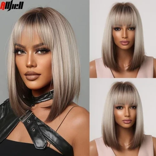 Kadınlar için kısa Düz Sentetik Peruk Sarışın Kahverengi Ombre Bob Peruk Patlama ile Günlük Cosplay Parti Isıya Dayanıklı Sahte Saç