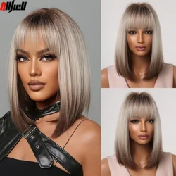 Kuerz riichtaus synthetesch Perücken fir Fraen Blond bis Braun Ombre Bob Perücken mat Bangs Daily Cosplay Party Hëtztbeständeg Fake Hoer