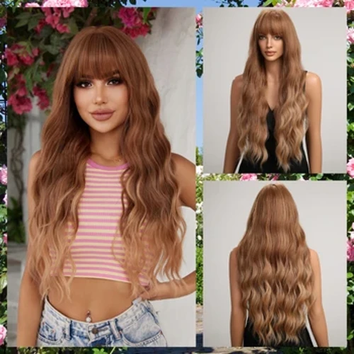 ʻO Emmor Long Wavy Brown Synthetic Wigs Ombre Blonde i kēlā me kēia lā i kēlā me kēia lā lauoho lauoho maoli me nā bangs Cosplay Party no nā wahine lauoho pale wela.