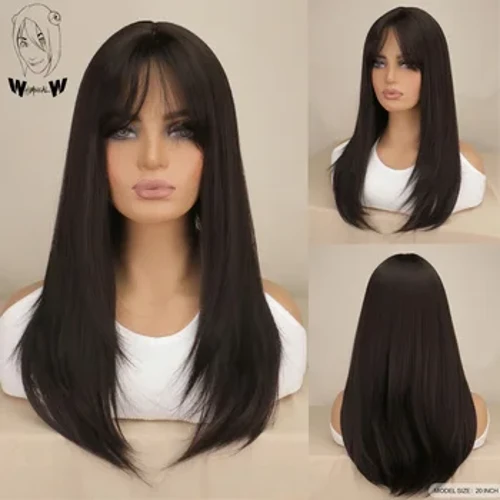 WHIMSICAL W ʻEleʻele ʻeleʻele ʻeleʻele lōʻihi ʻeleʻele synthetic wig me nā bangs no nā wahine Party Cosplay i kēlā me kēia lā lauoho lauoho pale pale wela.