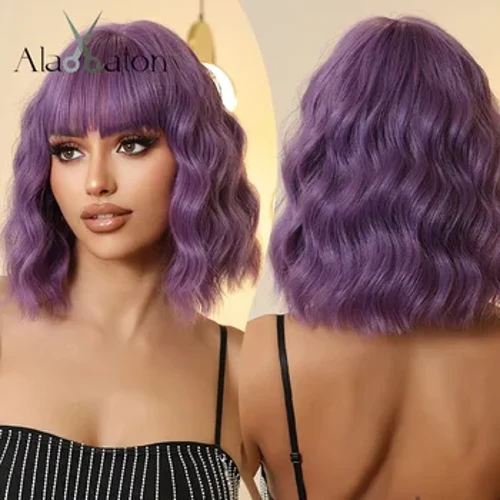 I-ALAN EATON Purple Short Curly Synthetic Wigs Anama-Bang for Women Girls Colorful Party Costume Wig Heat Izinwele Ezinsomi Ezingazweli