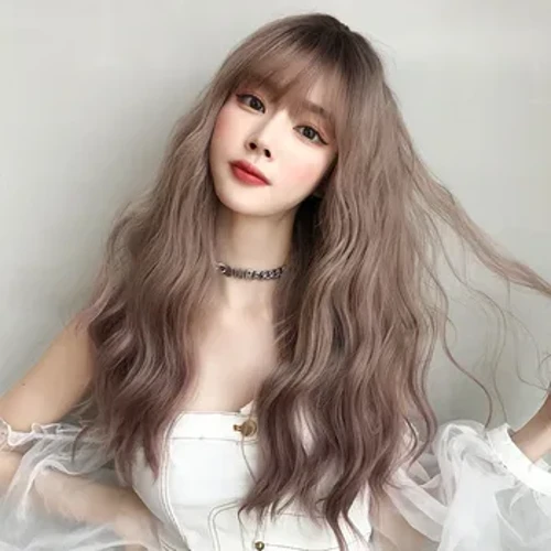 Synthetesch Perücken Liichtbraun Däischterbraun Curly Long Cut mat Bangs Perücke fir Wäiss Fraen Koreanesch Daily Party Cosplay resistent Hoer