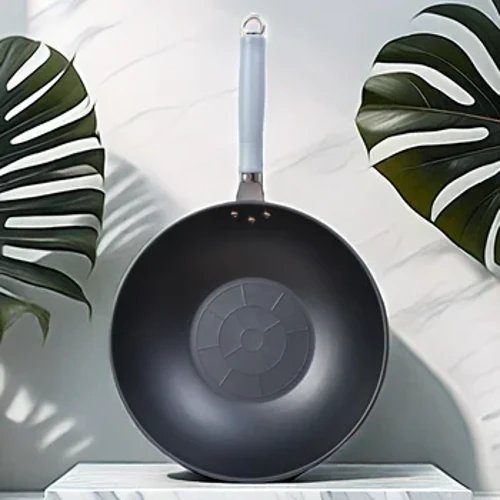 Wok cinese in ferro puro da 30 cm, pentola di bell'aspetto, non rivestita, uso generale, per fornelli a gas e a induzione, pentole, pentole con manico in legno