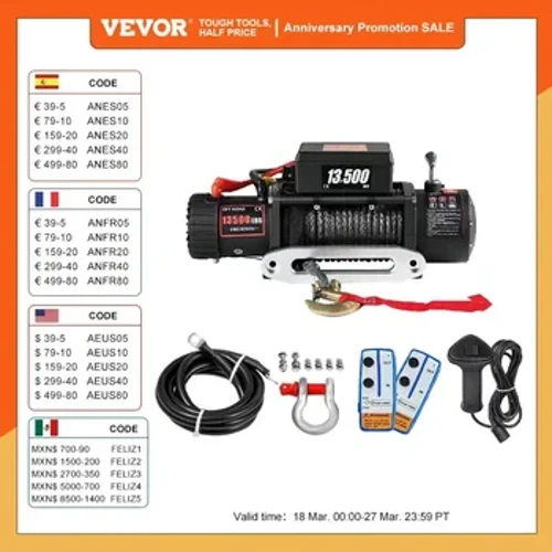VEVOR 13500 LBS Elektrisk vinsj 12V 27M/92FT Syntetisk slepetau Løfting Treuils Heis for 4X4 biltilhenger ATV lastebil terrengbåt