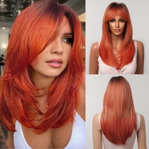 Parrucche lunghe diritte con frangia Parrucca di capelli sintetici arancioni Capelli finti colorati luminosi per cosplay per parrucche resistenti al calore per feste da donna