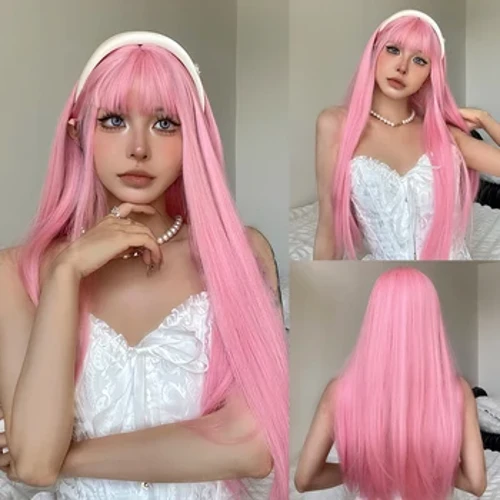 Parrucche sintetiche per cosplay Lolita da donna Parrucca lunga rosa diritta per donne Parrucca per capelli dall'aspetto naturale resistente al calore per ragazze