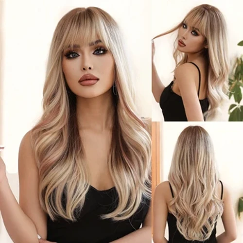 Wig Brown Measctha blonde do Mhná Uigí Gruaige Sintéiseach Cosplay le wigí Fada Wavy Bangs le haghaidh Páirtí Lolita Úsáid Wig Frithsheasmhach Teas