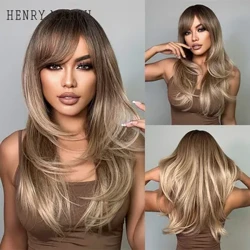 HENRY MARGU Perruque longue superposée brune pour femmes, perruques synthétiques droites avec frange, perruque brune ombrée naturelle pour un usage quotidien résistant à la chaleur