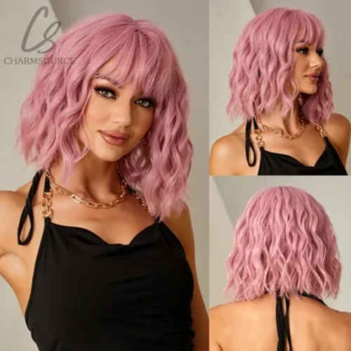 CharmSource Pink BOBO Perücken Kuerz Natural Wave Hoer Synthetesch Perücke Fir Fraen Party Daily Héich Dicht Hëtztbeständeg