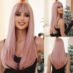 Alan eaton longo rosa em camadas perucas sintéticas com franja rosa peruca de cabelo reto para mulheres meninas seda macia peruca diária resistente ao calor