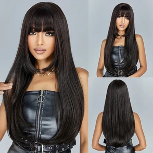 Parrucca lunga sintetica nera diritta setosa Cosplay quotidiana Parrucche dall'aspetto naturale con frangia per le donne Afro resistente al calore Uso per feste