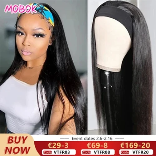 Brasil Ikat Kepala Alami Wig Rambut Manungsa Kanggo Wanita Ing Promosi Pendek Lurus Glueless Halus Remy Rambut 150% Kapadhetan