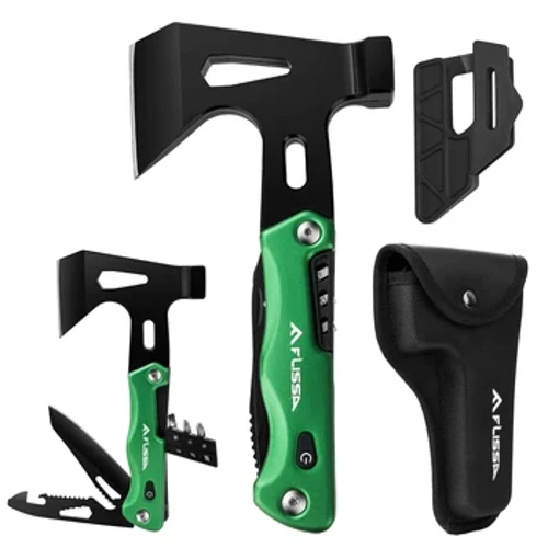 FLISSA 14 in 1 Multitool Campingbeil mit Scheide Multifunktionale Axt mit LED-Licht Camping Holzbearbeitung Outdoor-Überlebenswerkzeug