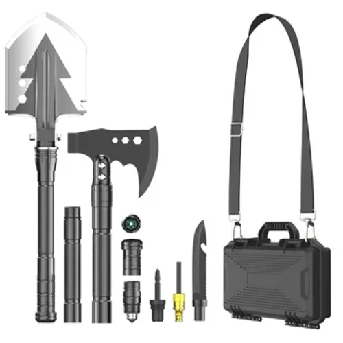 Pala para acampar al aire libre con hacha, herramienta de supervivencia multifunción, brújula, pala plegable de aleación de aluminio, cuchillo, pala para nieve, hombro